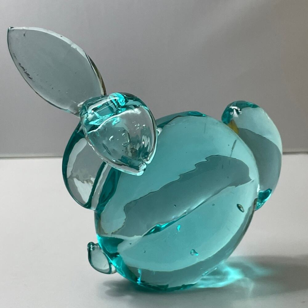 Art Glass Bunny Paperweight‎ Teal 4.25" Easter Rabbit Decor